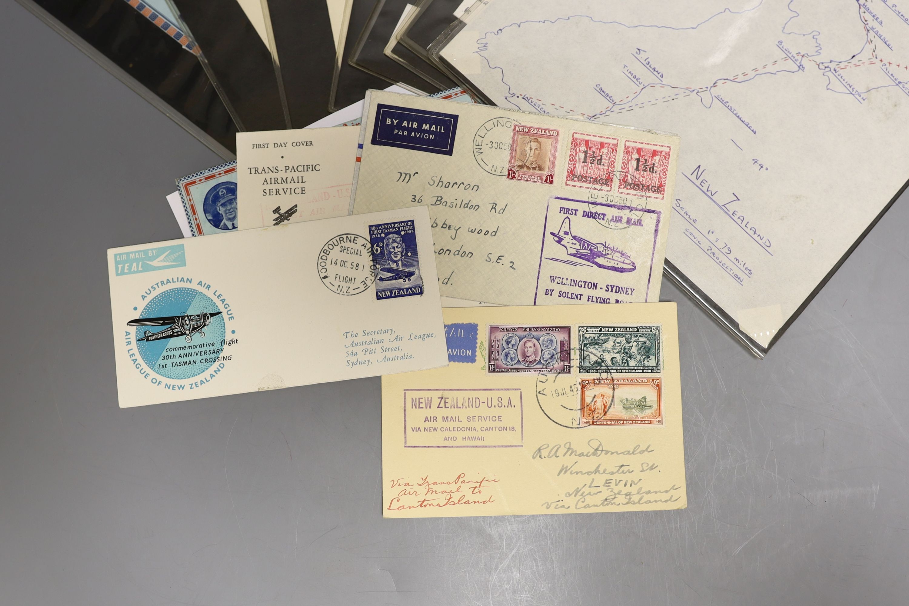 New Zealand Air Mail covers on display sheets mostly 1930's with flights within N.Z., to Australia and to UK